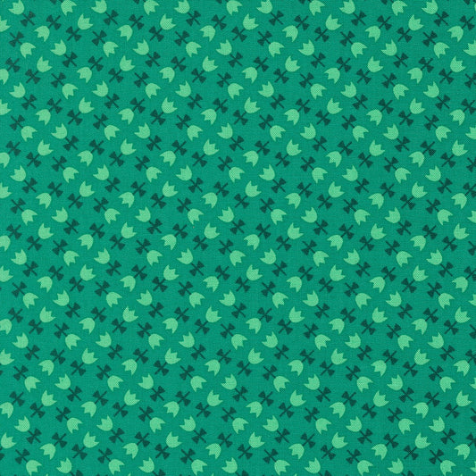 Jade green cotton quilting fabric with stylized mint green tulips, Moda's Toast and Jam by Elizabeth Hartman.