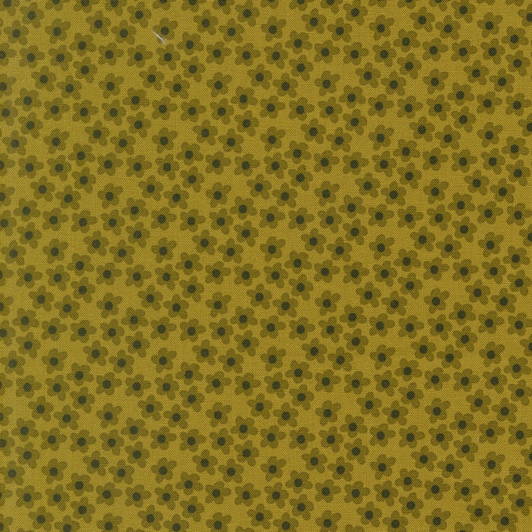 Moda's small kelp flowers on mustard cotton quilting fabric, Toast and Jam by Elizabeth Hartman. Features olive green flowers with dark brown centers on a muted yellow background.