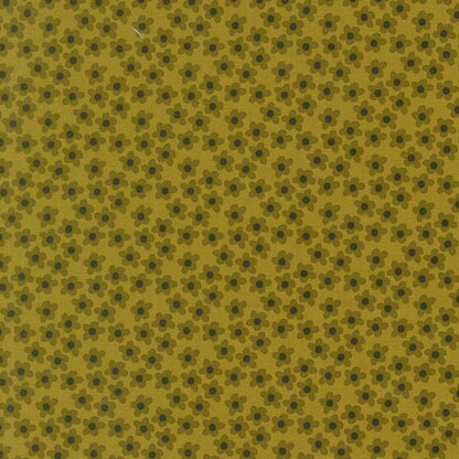 Moda's small kelp flowers on mustard cotton quilting fabric, Toast and Jam by Elizabeth Hartman. Features olive green flowers with dark brown centers on a muted yellow background.
