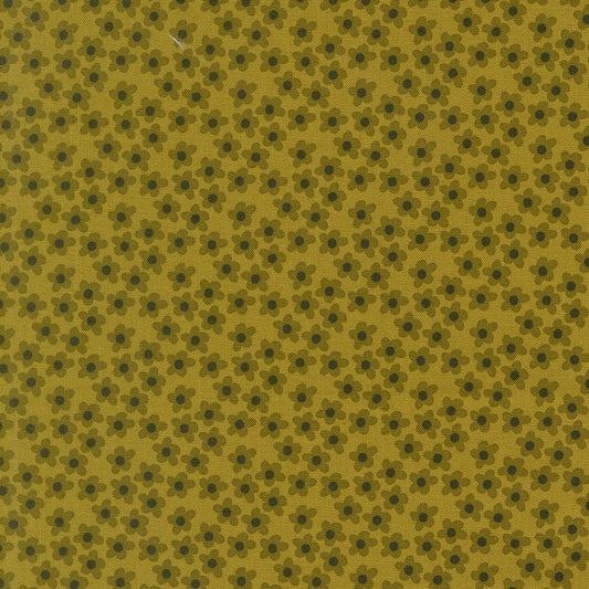 Moda's small kelp flowers on mustard cotton quilting fabric, Toast and Jam by Elizabeth Hartman. Features olive green flowers with dark brown centers on a muted yellow background.