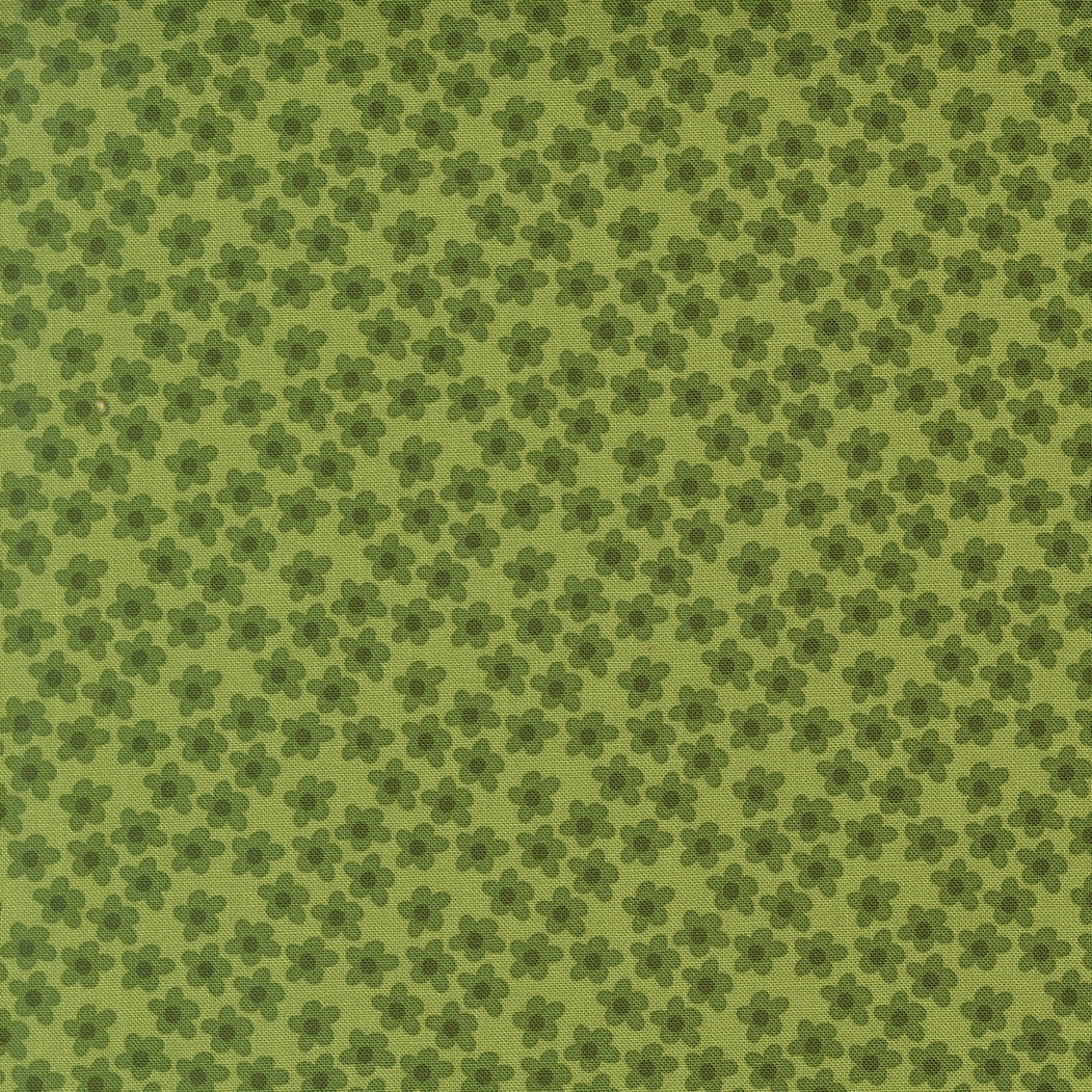 Green small flowers Toast and Jam by Elizabeth Hartman cotton quilting fabric. Small stylized five-petaled flowers with darker olive centers on sage green.