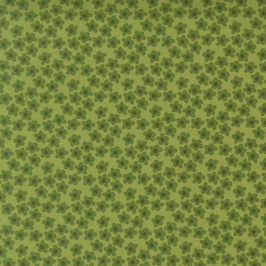 Green small flowers Toast and Jam by Elizabeth Hartman cotton quilting fabric. Small stylized five-petaled flowers with darker olive centers on sage green.