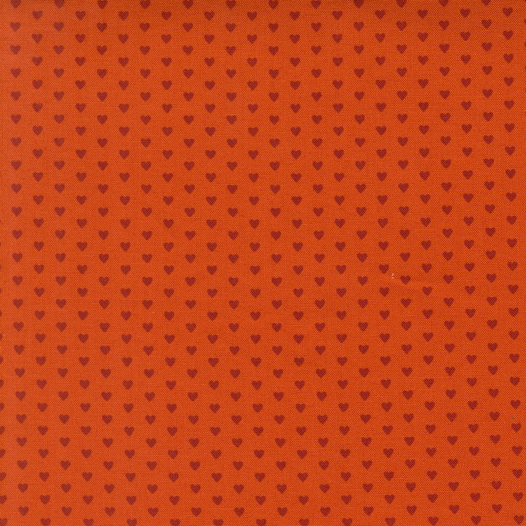 longhorn orange hearts cotton quilting fabric, Toast and Jam by Elizabeth Hartman. Small, scattered hearts, perfect for Valentine's Day.