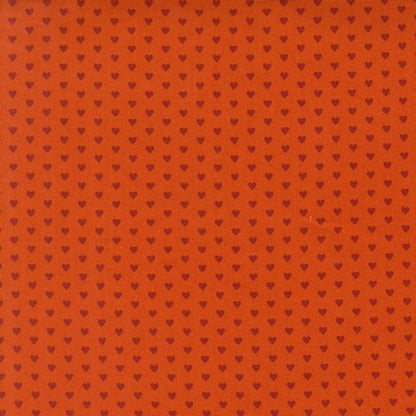 longhorn orange hearts cotton quilting fabric, Toast and Jam by Elizabeth Hartman. Small, scattered hearts, perfect for Valentine's Day.