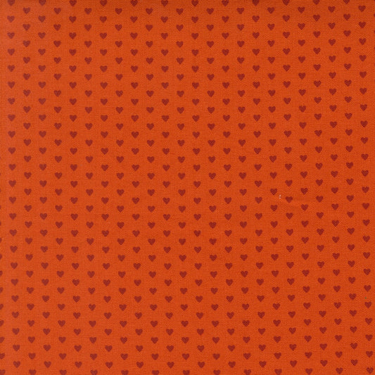 longhorn orange hearts cotton quilting fabric, Toast and Jam by Elizabeth Hartman. Small, scattered hearts, perfect for Valentine's Day.