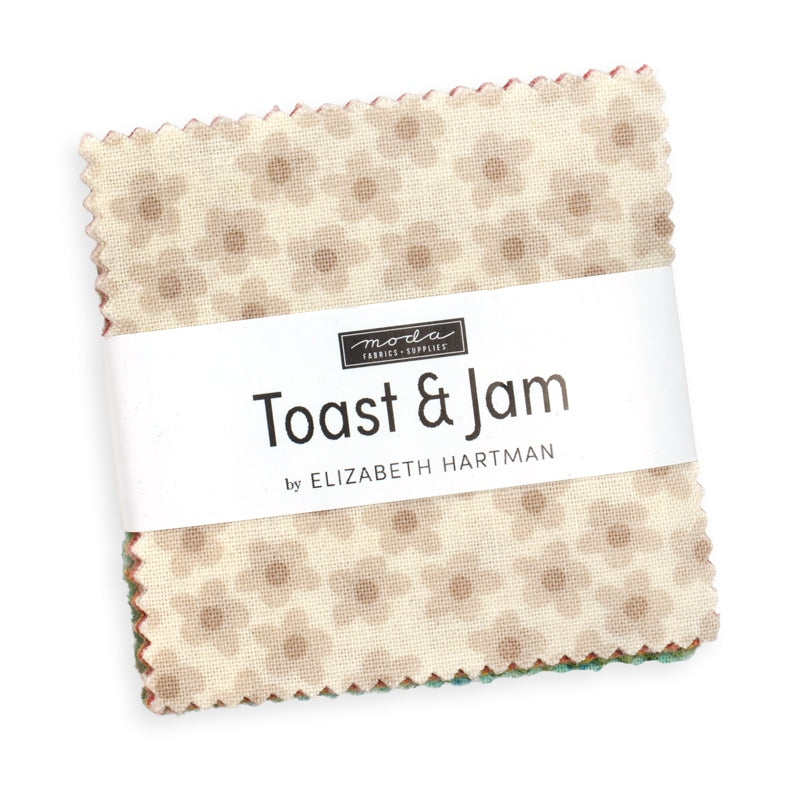 Moda's Toast and Jam Mini Charm Pack by Elizabeth Hartman. 42 squares of cotton quilting fabric, 2.5 in x 2.5 in, SKU 51290MC