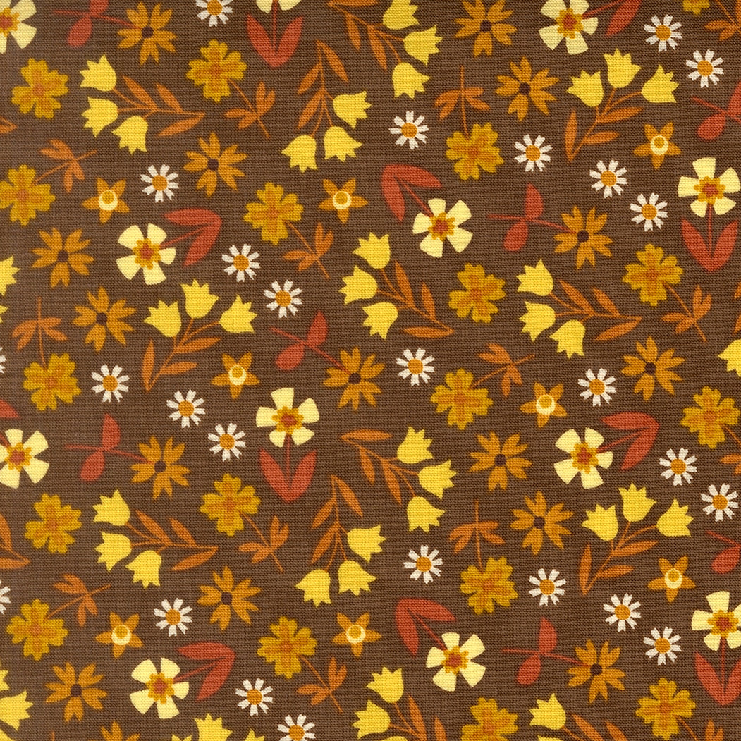 Moda's autumn floral on mocha brown Toast and Jam by Elizabeth Hartman cotton quilting fabric with yellow bellflowers and rust orange leaves.