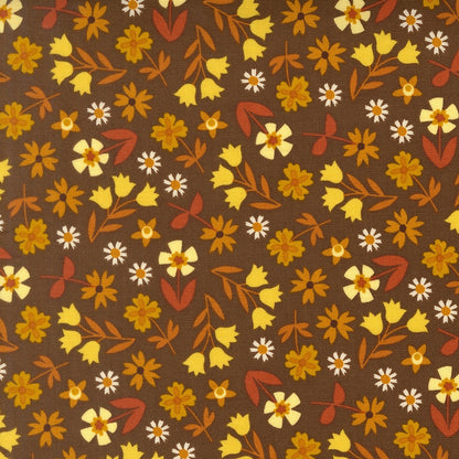 Moda's autumn floral on mocha brown Toast and Jam by Elizabeth Hartman cotton quilting fabric with yellow bellflowers and rust orange leaves.