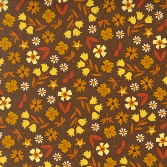 Moda's autumn floral on mocha brown Toast and Jam by Elizabeth Hartman cotton quilting fabric with yellow bellflowers and rust orange leaves.