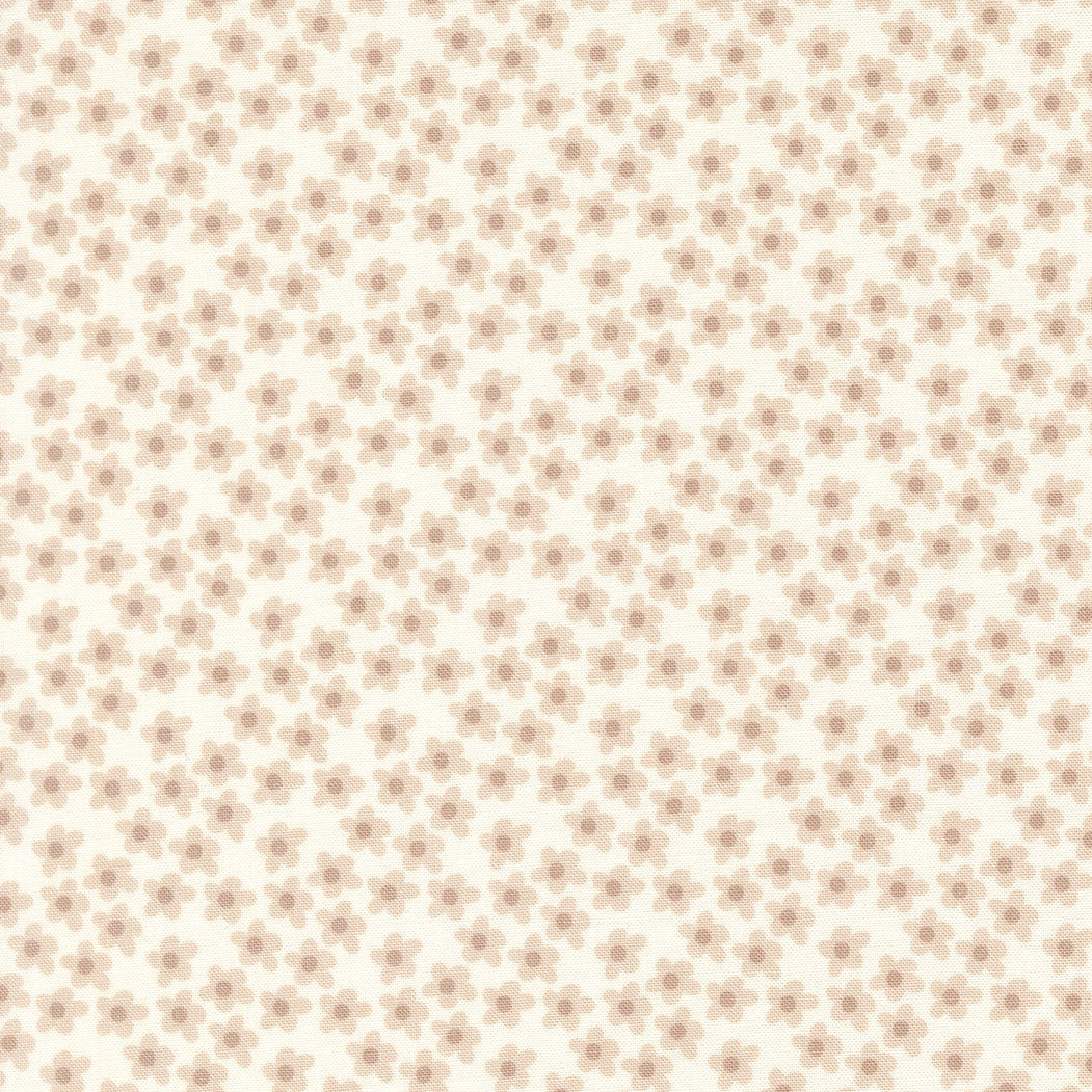 Moda's small flowers on off white Toast and Jam by Elizabeth Hartman cotton quilting fabric with scattered light tan flowers and taupe centers.