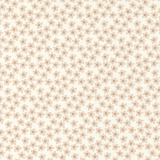 Moda's small flowers on off white Toast and Jam by Elizabeth Hartman cotton quilting fabric with scattered light tan flowers and taupe centers.