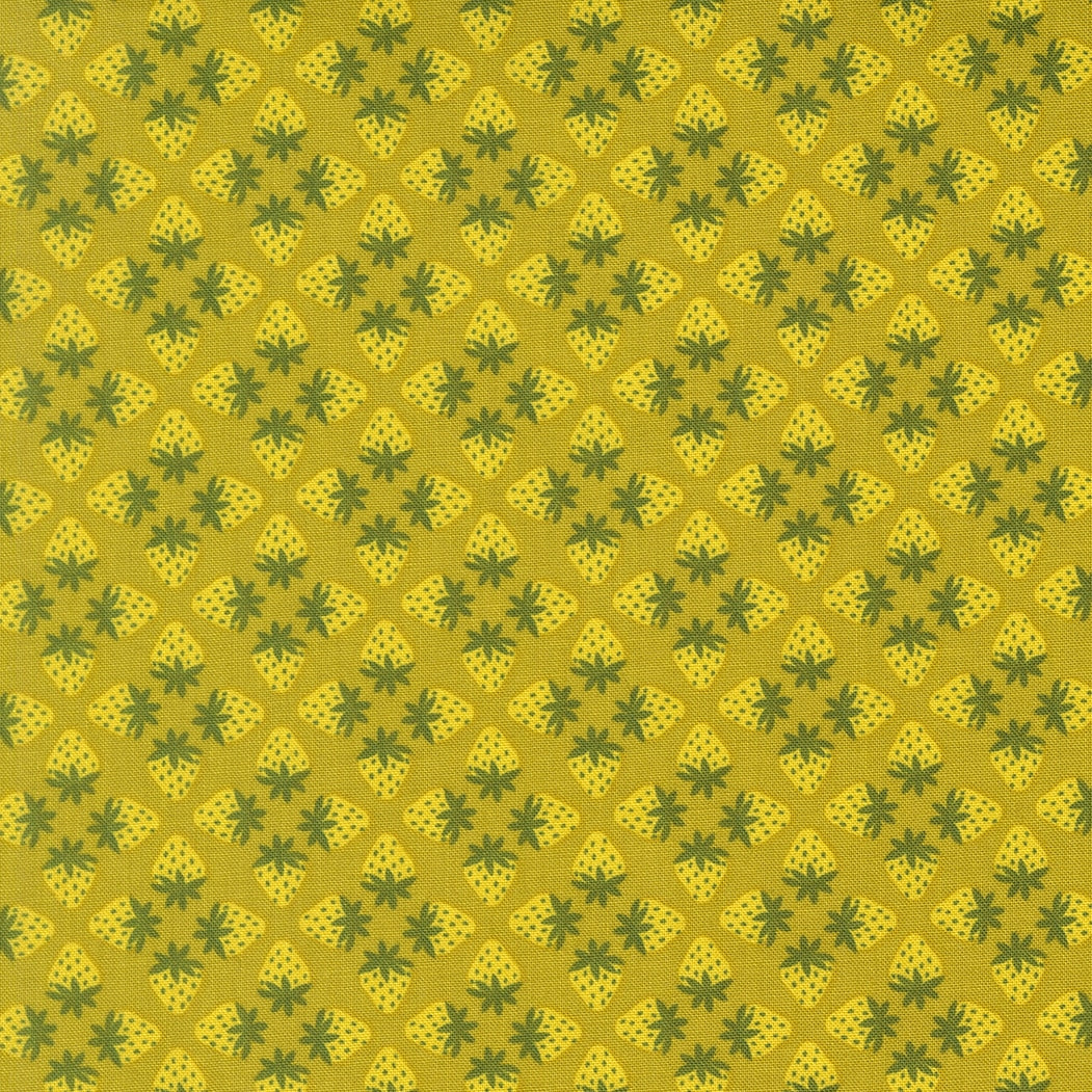 Moda's Toast and Jam by Elizabeth Hartman cotton quilting fabric: yellow strawberries with dark green caps on pesto green, for spring/summer.