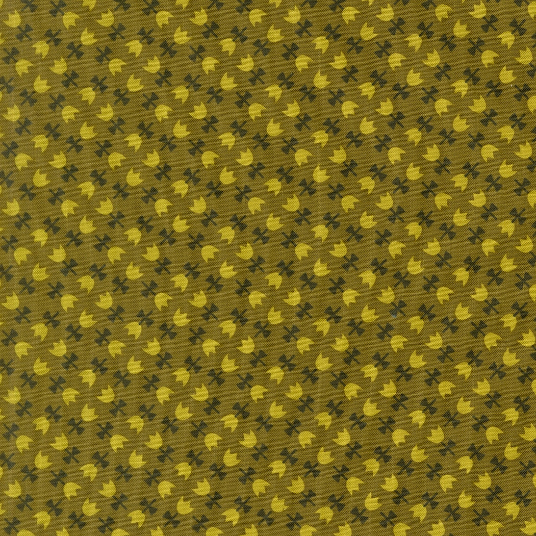 Toast and Jam by Elizabeth Hartman cotton quilting fabric: goldenrod stylized tulips, tiny cross shapes on pickle green background.