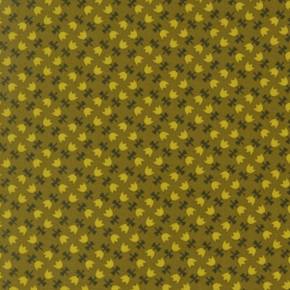 Toast and Jam by Elizabeth Hartman cotton quilting fabric: goldenrod stylized tulips, tiny cross shapes on pickle green background.