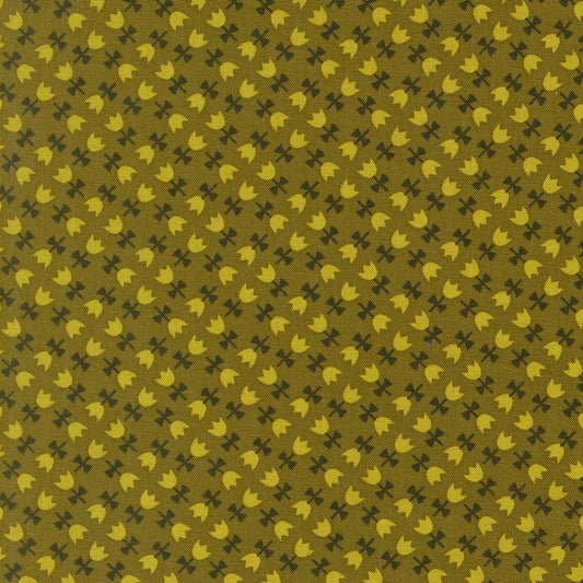 Toast and Jam by Elizabeth Hartman cotton quilting fabric: goldenrod stylized tulips, tiny cross shapes on pickle green background.