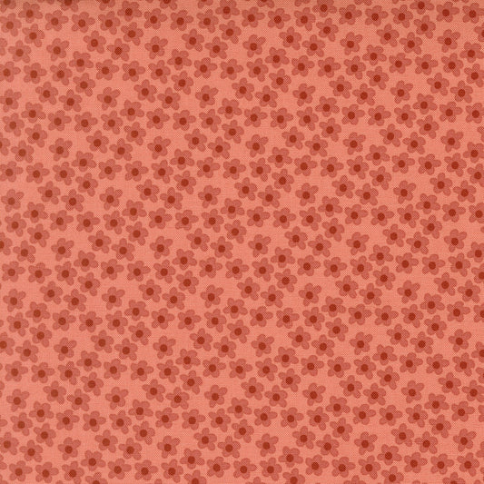 Moda's small muted rose flowers with reddish brown centers on rose amber Toast and Jam by Elizabeth Hartman cotton quilting fabric.