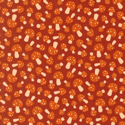 Rust mushrooms cotton quilting fabric, Toast and Jam by Elizabeth Hartman. Small orange spotted mushrooms on deep rust.