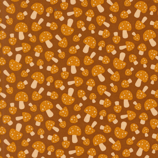 Moda's sepia mushrooms on brown woodland Toast and Jam by Elizabeth Hartman cotton quilting fabric, with orange dotted caps and ivory stems.