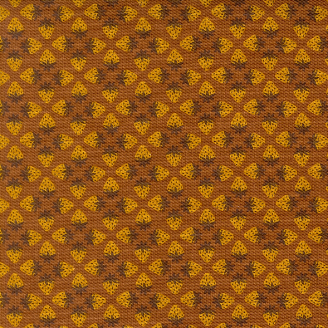 sepia strawberries, a Toast and Jam by Elizabeth Hartman cotton quilting fabric. Features golden yellow fruit, dark brown caps on sepia brown for summer farm projects.