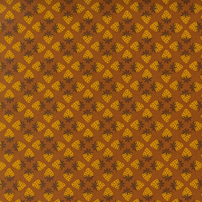 sepia strawberries, a Toast and Jam by Elizabeth Hartman cotton quilting fabric. Features golden yellow fruit, dark brown caps on sepia brown for summer farm projects.