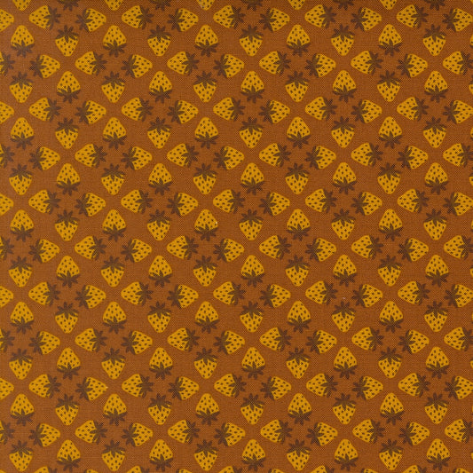 sepia strawberries, a Toast and Jam by Elizabeth Hartman cotton quilting fabric. Features golden yellow fruit, dark brown caps on sepia brown for summer farm projects.