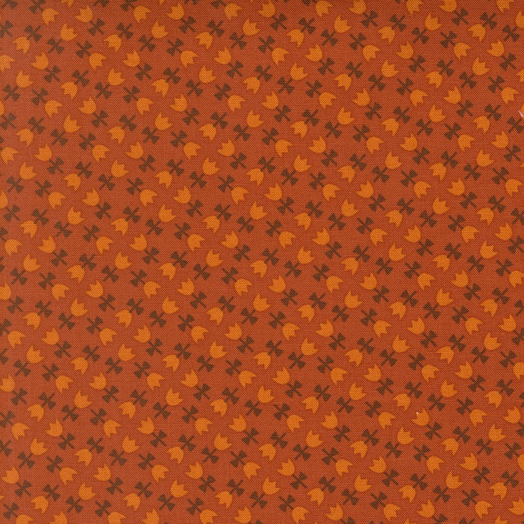 Moda's small tulips and clovers on spice cotton quilting fabric, Toast and Jam by Elizabeth Hartman. Autumn floral, amber orange, dark brown.