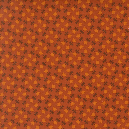 Moda's small tulips and clovers on spice cotton quilting fabric, Toast and Jam by Elizabeth Hartman. Autumn floral, amber orange, dark brown.
