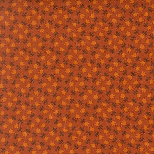 Moda's small tulips and clovers on spice cotton quilting fabric, Toast and Jam by Elizabeth Hartman. Autumn floral, amber orange, dark brown.