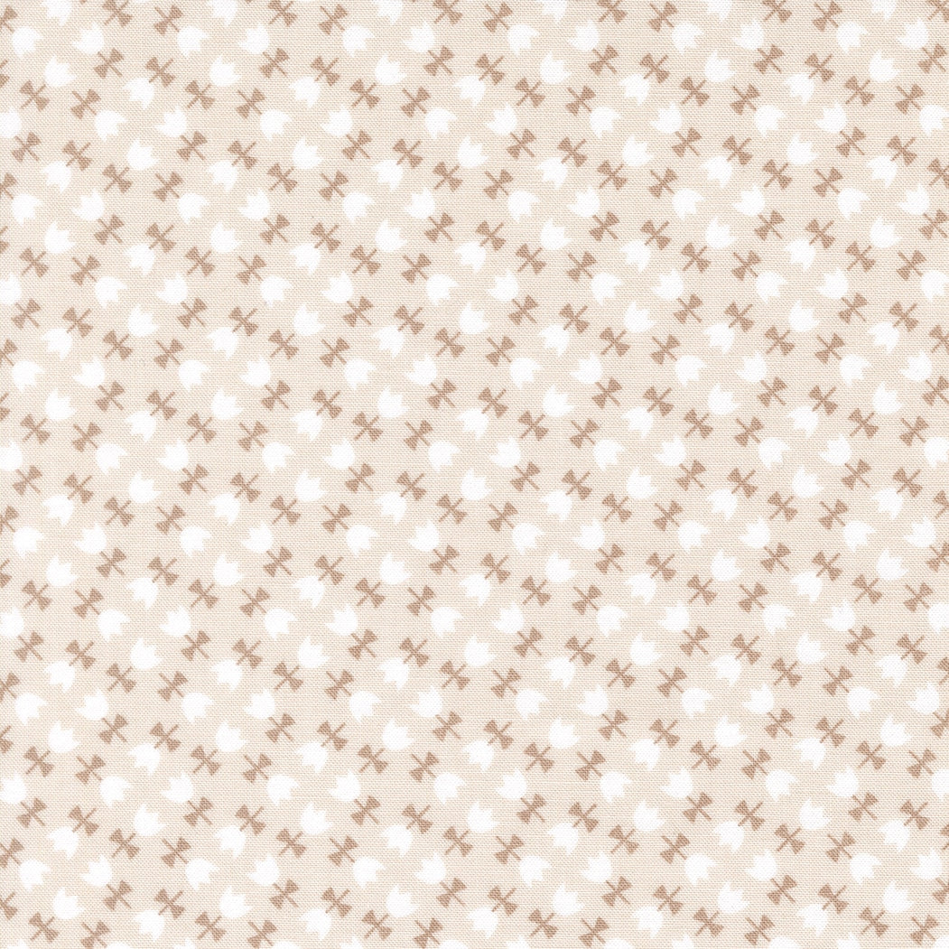 Moda's small floral sprigs with white flowers and brown bows on stone cotton quilting fabric, Toast and Jam by Elizabeth Hartman.