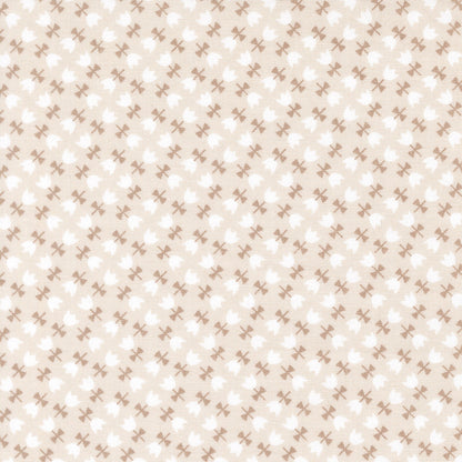 Moda's small floral sprigs with white flowers and brown bows on stone cotton quilting fabric, Toast and Jam by Elizabeth Hartman.