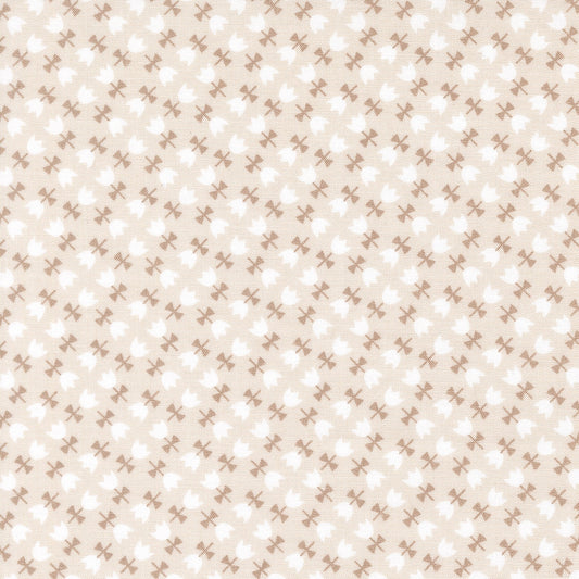 Moda's small floral sprigs with white flowers and brown bows on stone cotton quilting fabric, Toast and Jam by Elizabeth Hartman.