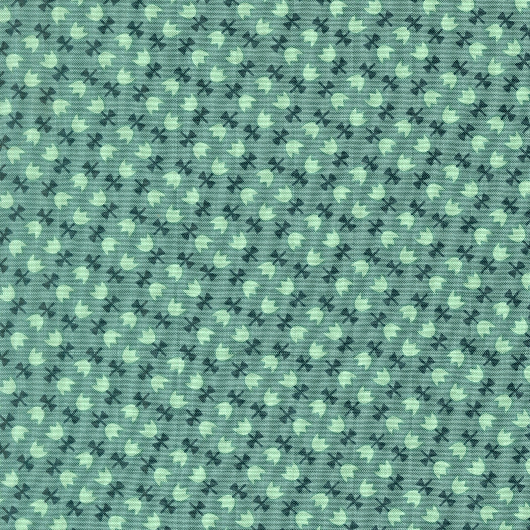 Moda's teal ditsy floral print with small stylized tulips and bows in diagonal rows. Toast and Jam by Elizabeth Hartman cotton quilting fabric.