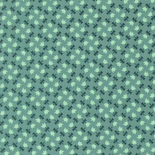 Moda's teal ditsy floral print with small stylized tulips and bows in diagonal rows. Toast and Jam by Elizabeth Hartman cotton quilting fabric.