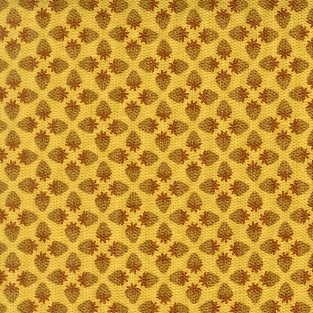 Moda's brown strawberries on zest yellow cotton quilting fabric, from Toast and Jam by Elizabeth Hartman. Features farm, summer, stars, geometric motifs.