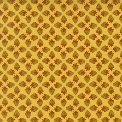 Moda's brown strawberries on zest yellow cotton quilting fabric, from Toast and Jam by Elizabeth Hartman. Features farm, summer, stars, geometric motifs.