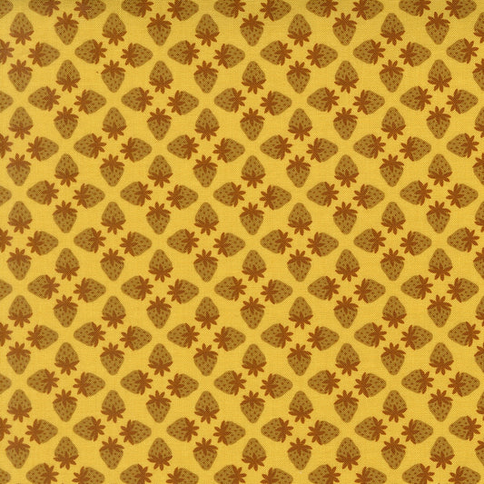 Moda's brown strawberries on zest yellow cotton quilting fabric, from Toast and Jam by Elizabeth Hartman. Features farm, summer, stars, geometric motifs.