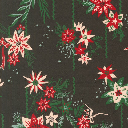 Moda's Christmas poinsettias, pine needles, holly berries, ribbons, and stars on charcoal Twinkle and Tinsel by Fancy That Design House cotton quilting fabric.