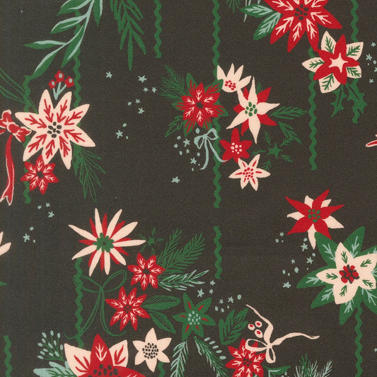 Moda's Christmas poinsettias, pine needles, holly berries, ribbons, and stars on charcoal Twinkle and Tinsel by Fancy That Design House cotton quilting fabric.