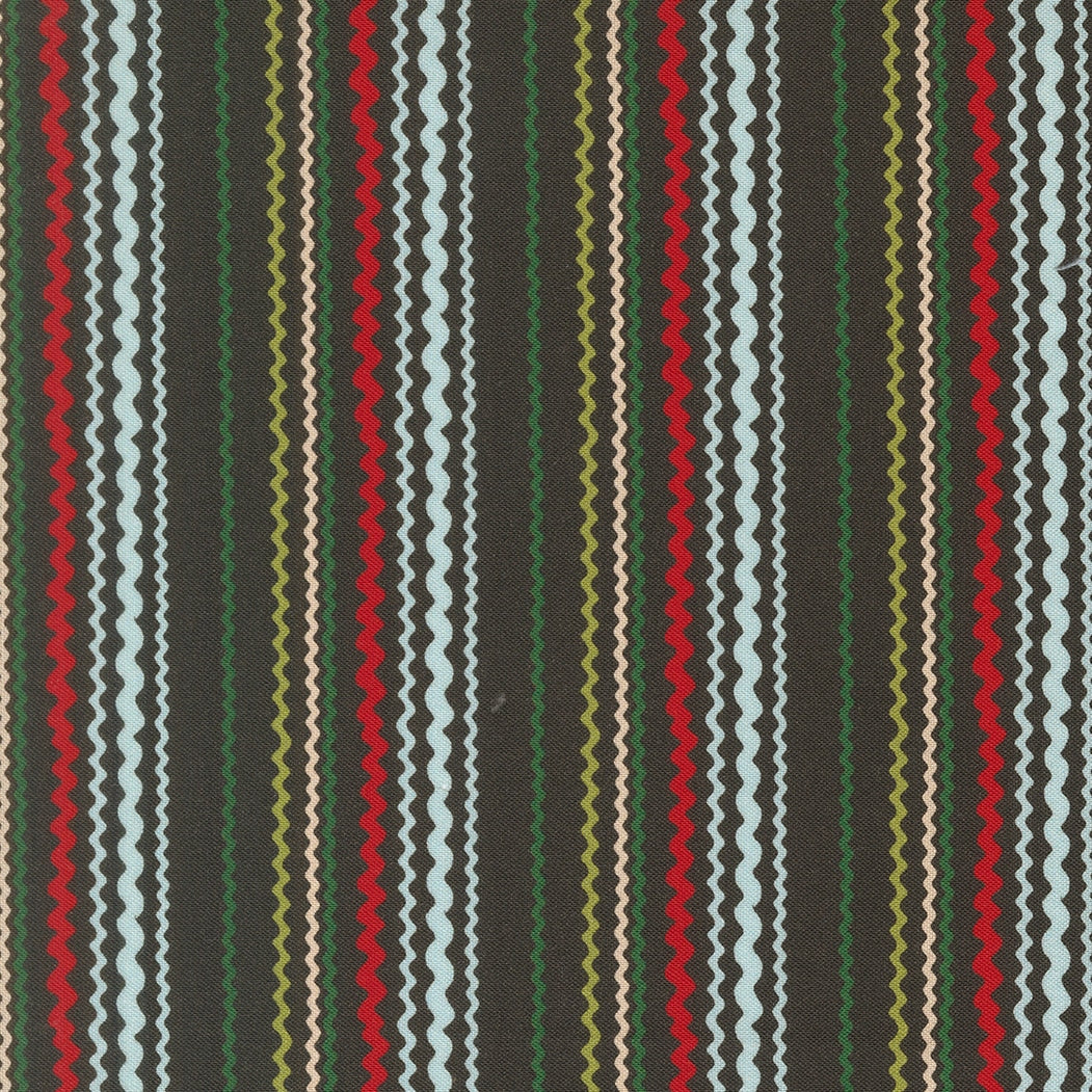Moda's Twinkle and Tinsel by Fancy That Design House charcoal vertical wavy and zigzag stripes cotton quilting fabric with aqua and red accents.