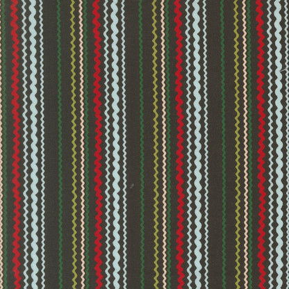 Moda's Twinkle and Tinsel by Fancy That Design House charcoal vertical wavy and zigzag stripes cotton quilting fabric with aqua and red accents.