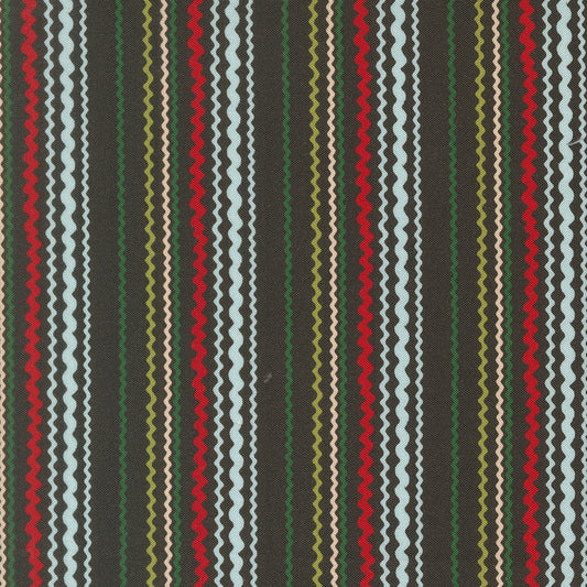 Moda's Twinkle and Tinsel by Fancy That Design House charcoal vertical wavy and zigzag stripes cotton quilting fabric with aqua and red accents.