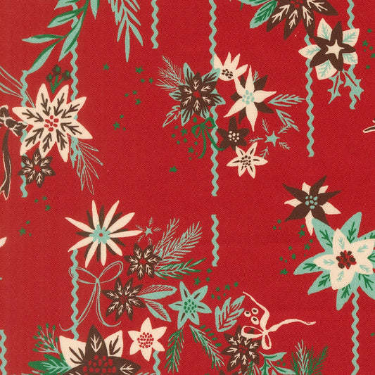 Christmas poinsettias on red cotton quilting fabric from Twinkle and Tinsel by Fancy That Design House, featuring pine needles and holly leaves.