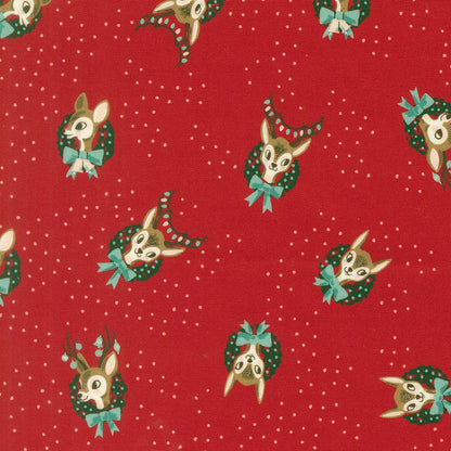 Christmas deer in wreaths on red cotton quilting fabric. Twinkle and Tinsel by Fancy That Design House for Christmas and winter.