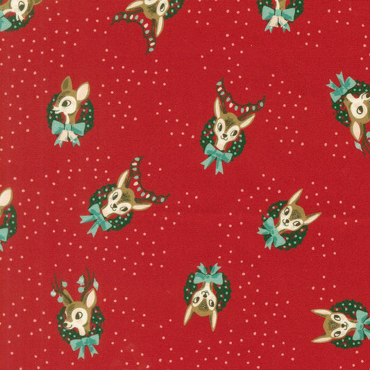 Christmas deer in wreaths on red cotton quilting fabric. Twinkle and Tinsel by Fancy That Design House for Christmas and winter.