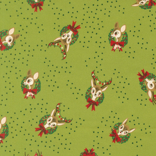 Christmas deer and wreaths with red bows on lime green polka dot Twinkle and Tinsel by Fancy That Design House holiday cotton quilting fabric.