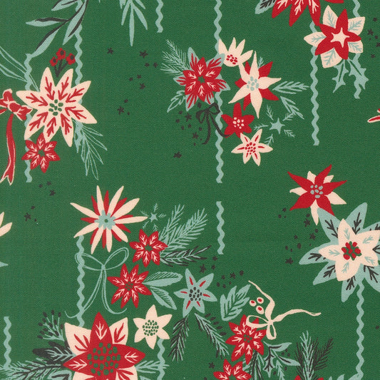 Christmas poinsettias, pine branches, red berries, and ribbons on pine green Twinkle and Tinsel by Fancy That Design House cotton quilting fabric.