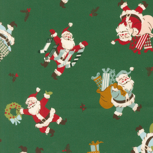 Christmas Santas, gifts, wreaths, holly, berries on pine green with red Twinkle and Tinsel by Fancy That Design House cotton quilting fabric.