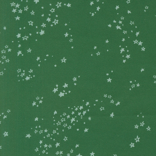 Twinkle and Tinsel by Fancy That Design House cotton quilting fabric: pine green scattered white stars and dots, Christmas winter theme.