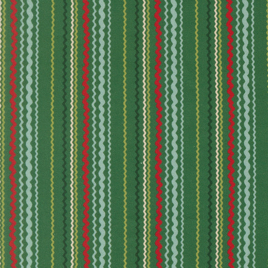 Moda's Christmas vertical wavy stripes on pine green Twinkle and Tinsel by Fancy That Design House cotton quilting fabric, featuring bright red and aqua.
