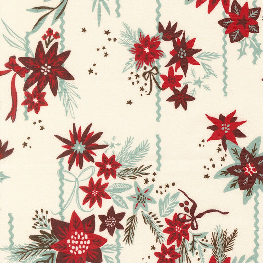 Moda's Twinkle and Tinsel by Fancy That Design House cotton quilting fabric features Christmas poinsettias, pine sprigs, and stars on a snow background with aqua wavy stripes.